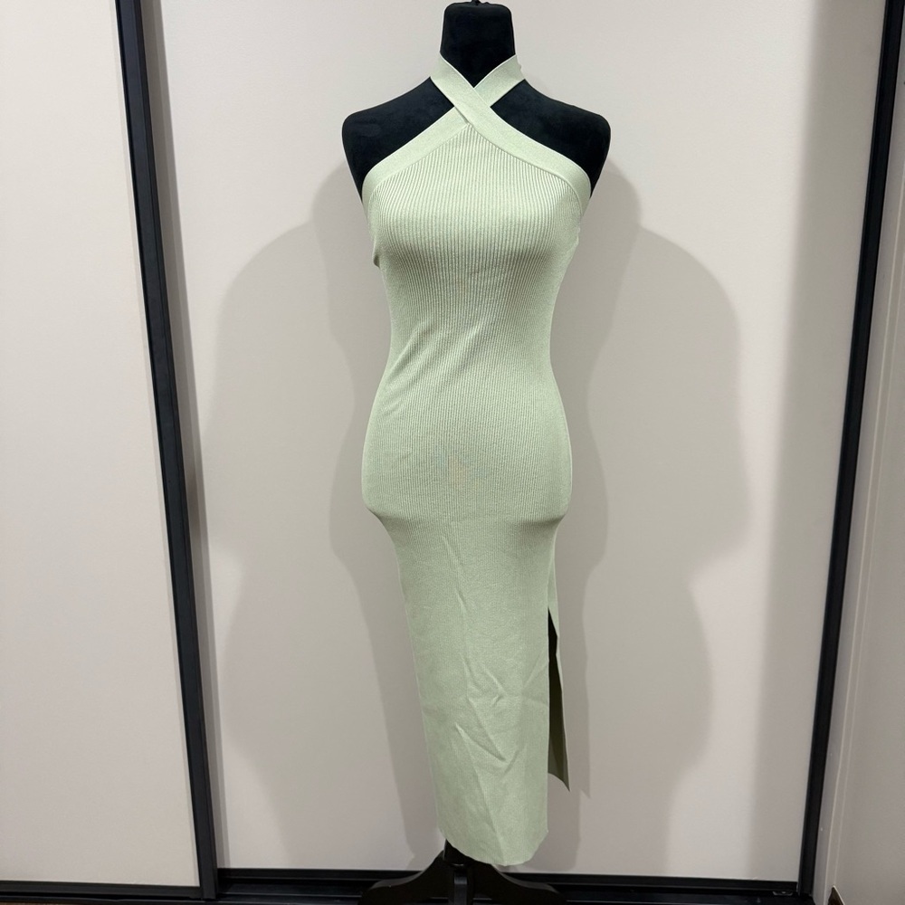 Wilfred Aritzia Cayenne Halter Ribbed Midi Dress Pale Green